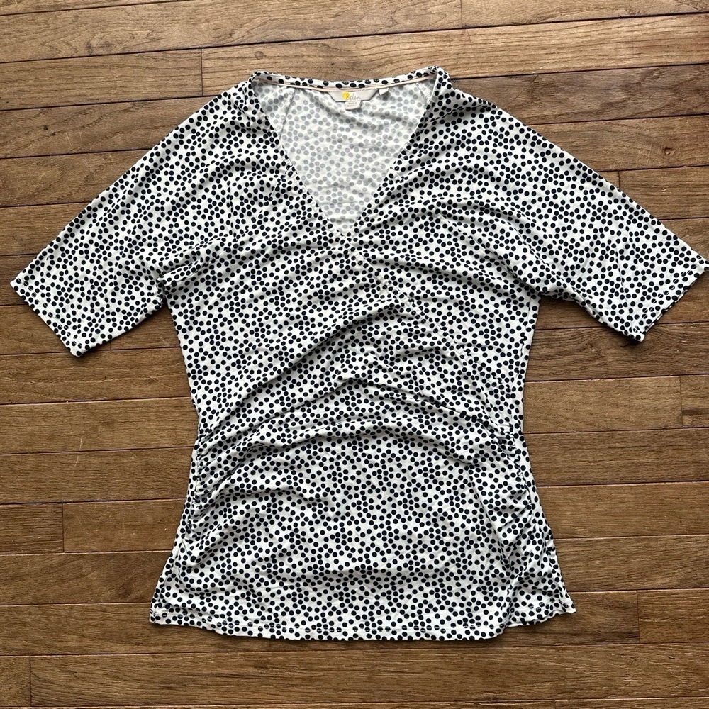 Boden‎ V-Neck Ruched Top Size 10 US White with Black Polka Dots Classic Chic